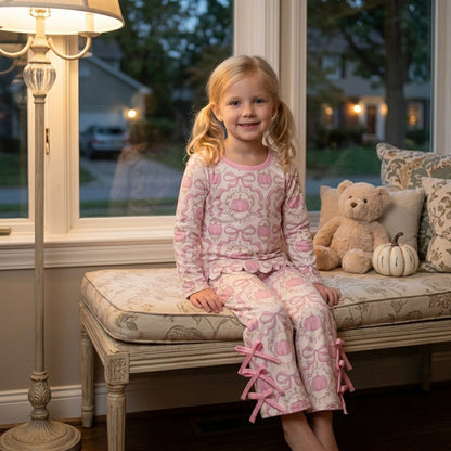 Pink bow pumpkin scallop top pants girls fall clothes