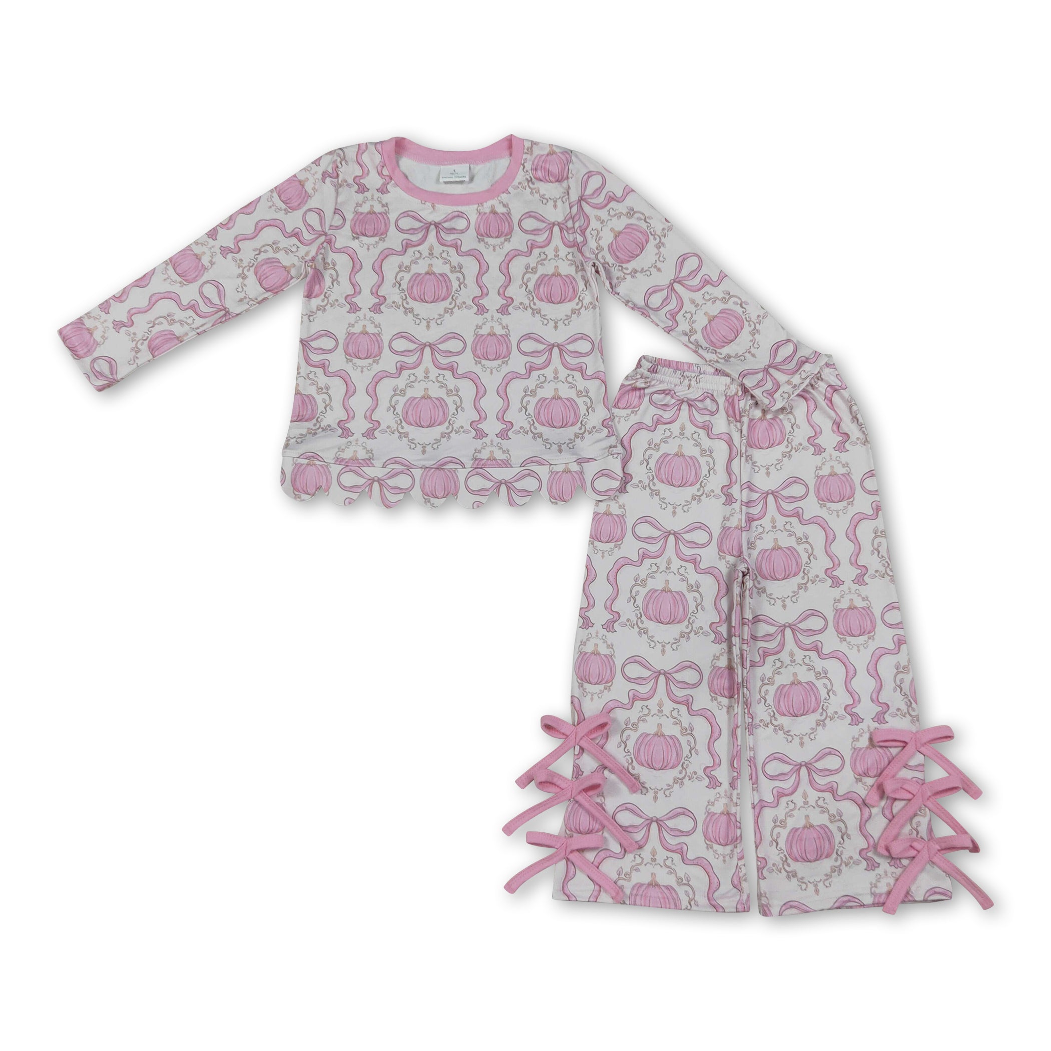 Pink bow pumpkin scallop top pants girls fall clothes