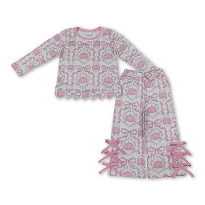 Pink bow pumpkin scallop top pants girls fall clothes