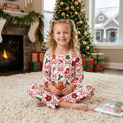 Long sleeves santa bow scallop kids girls Christmas outfit