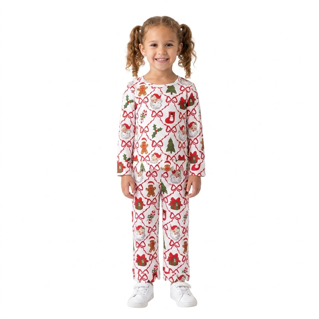 Long sleeves santa bow scallop kids girls Christmas outfit