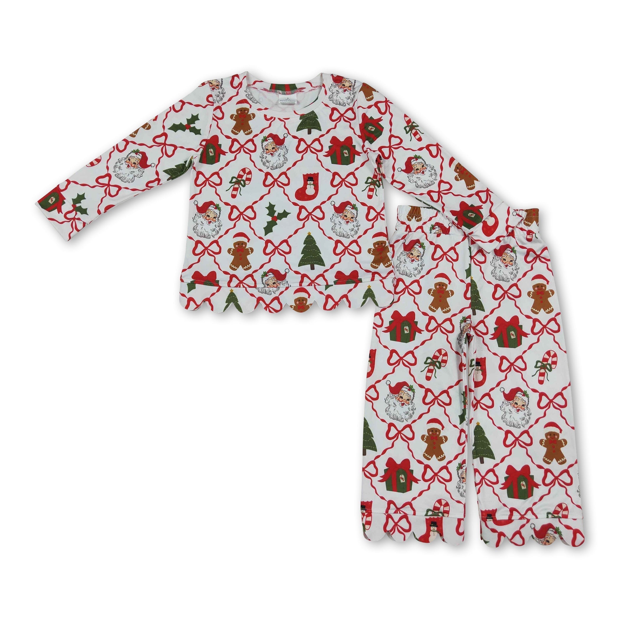 Long sleeves santa bow scallop kids girls Christmas outfit