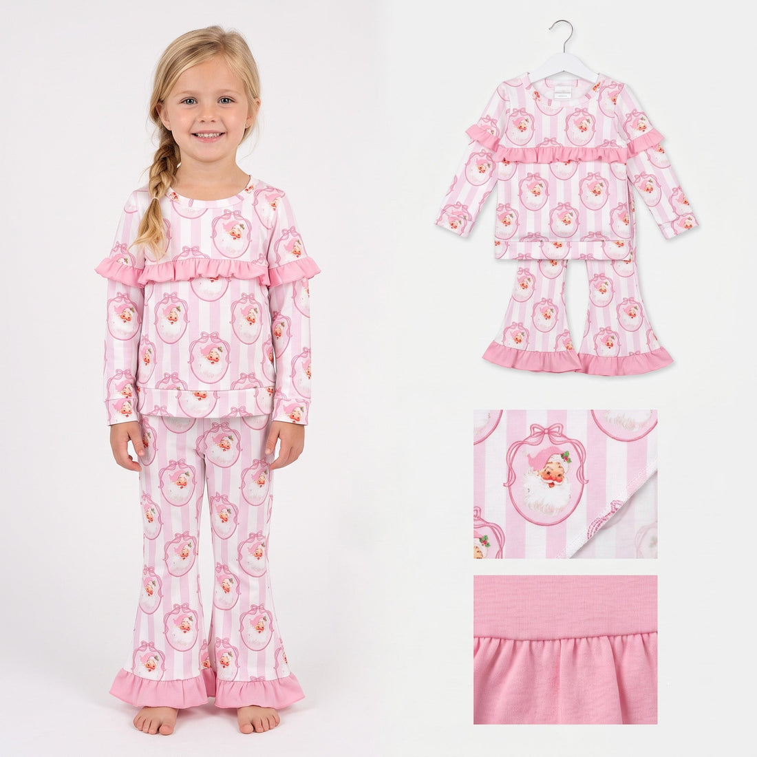 Pink ruffle stripe Santa bow girls&