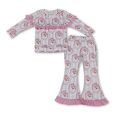Pink ruffle stripe Santa bow girls long sleeves top and pants set by Mini Rodeo, perfect for Christmas outfits for kids.