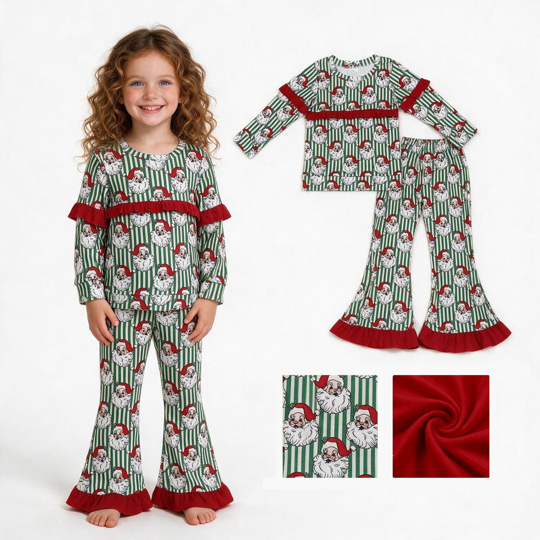 Red ruffle stripe santa top pants girls Christmas outfits
