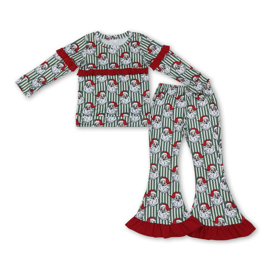 Red ruffle stripe santa top pants girls Christmas outfits