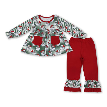 Stripe santa tunic red ruffle pants girls Christmas set