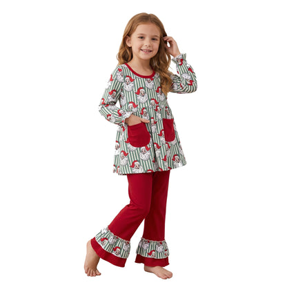Stripe santa tunic red ruffle pants girls Christmas set