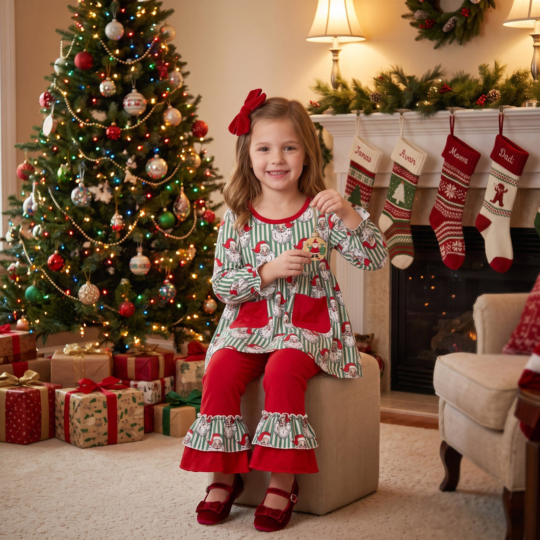 Stripe santa tunic red ruffle pants girls Christmas set