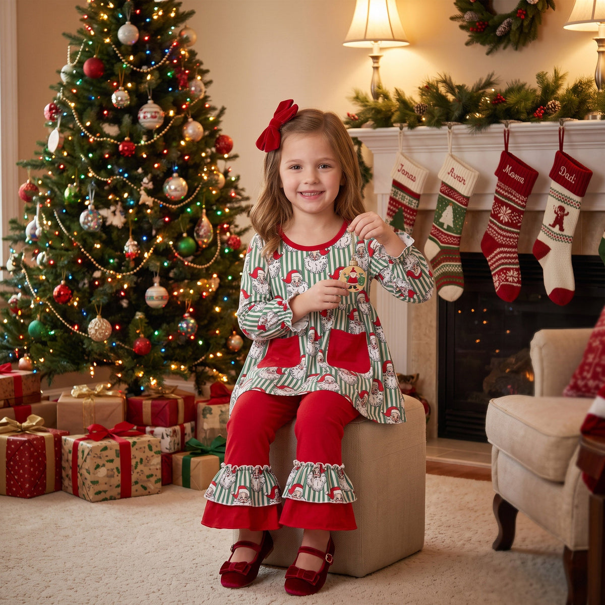 Stripe santa tunic red ruffle pants girls Christmas set