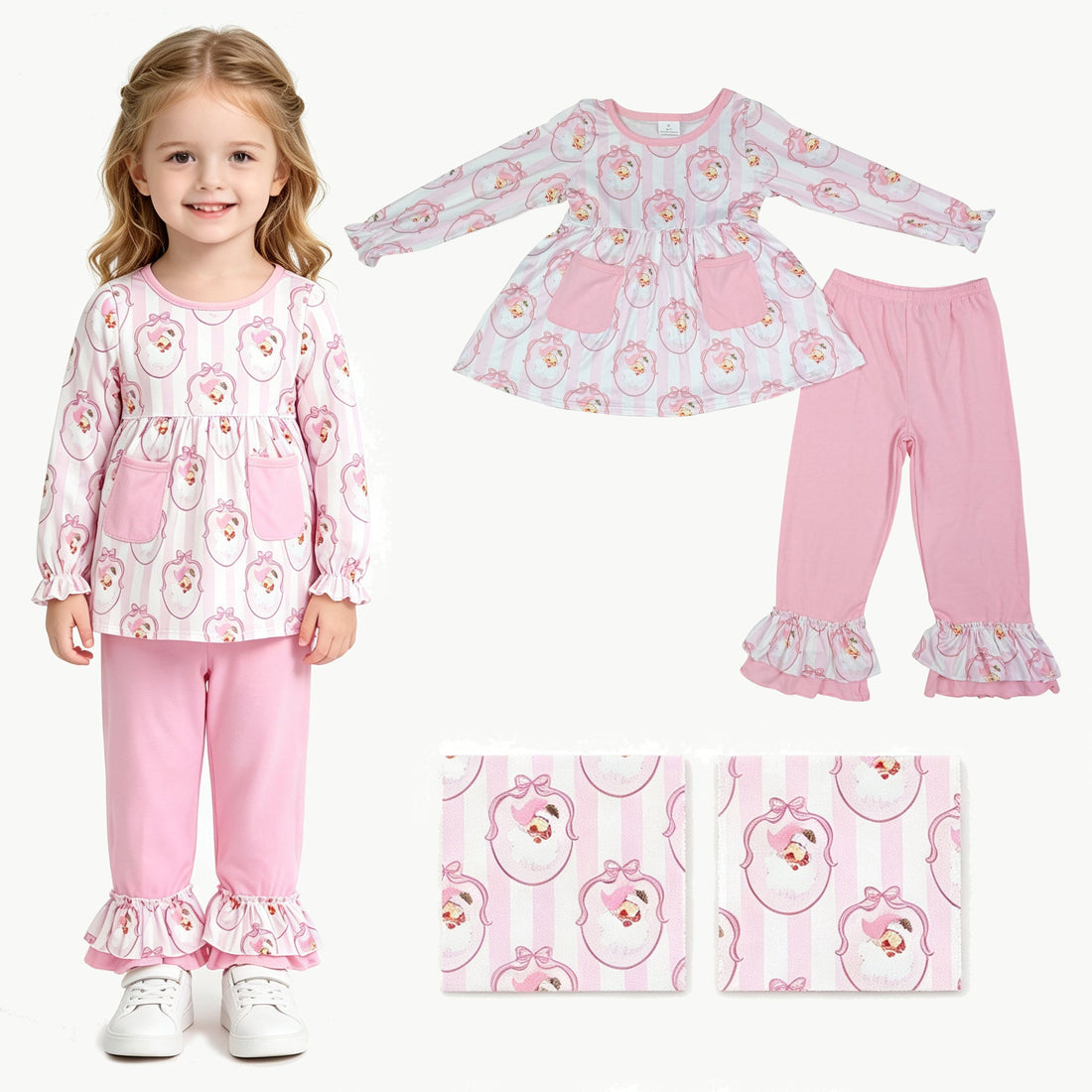 Pink stripe Santa bow girl long sleeves top and pants set by Mini Rodeo, perfect for kids&