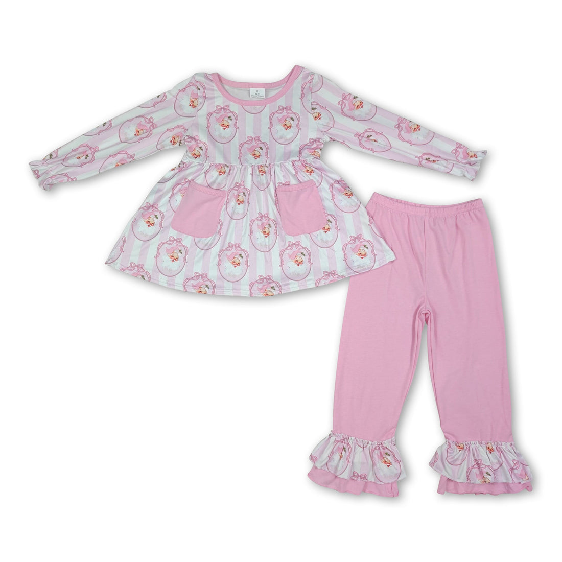 Pink stripe Santa bow tunic and pants set for girls by Mini Rodeo, featuring long sleeves and Christmas-themed festive outfit.