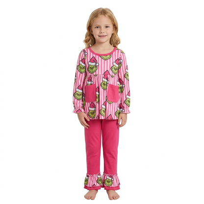 Stripe green face tunic pants girls Christmas outfits