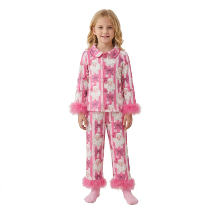 Fur long sleeves santa bow girls Christmas pajamas