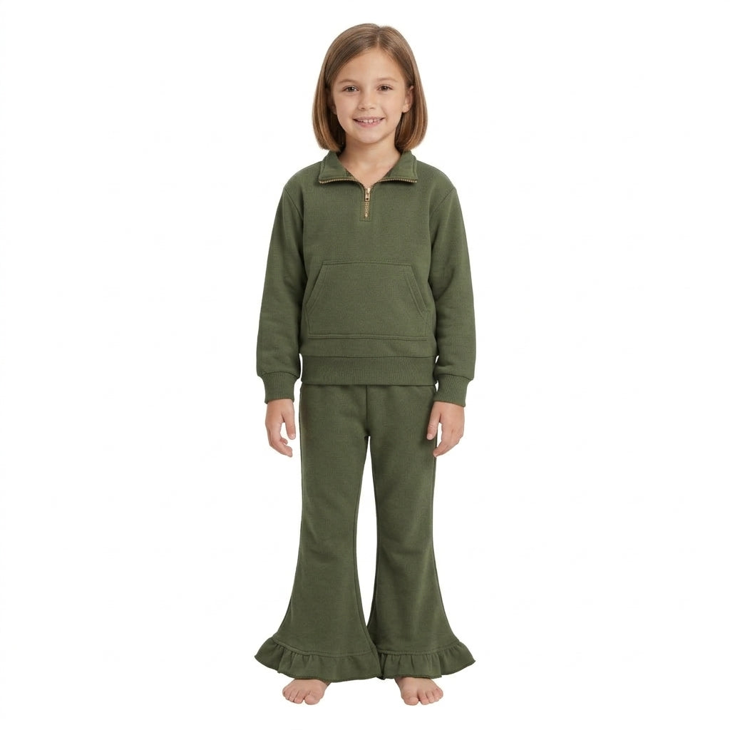 Olive brown pocket pullover ruffle pants girls sweatshirt outfits