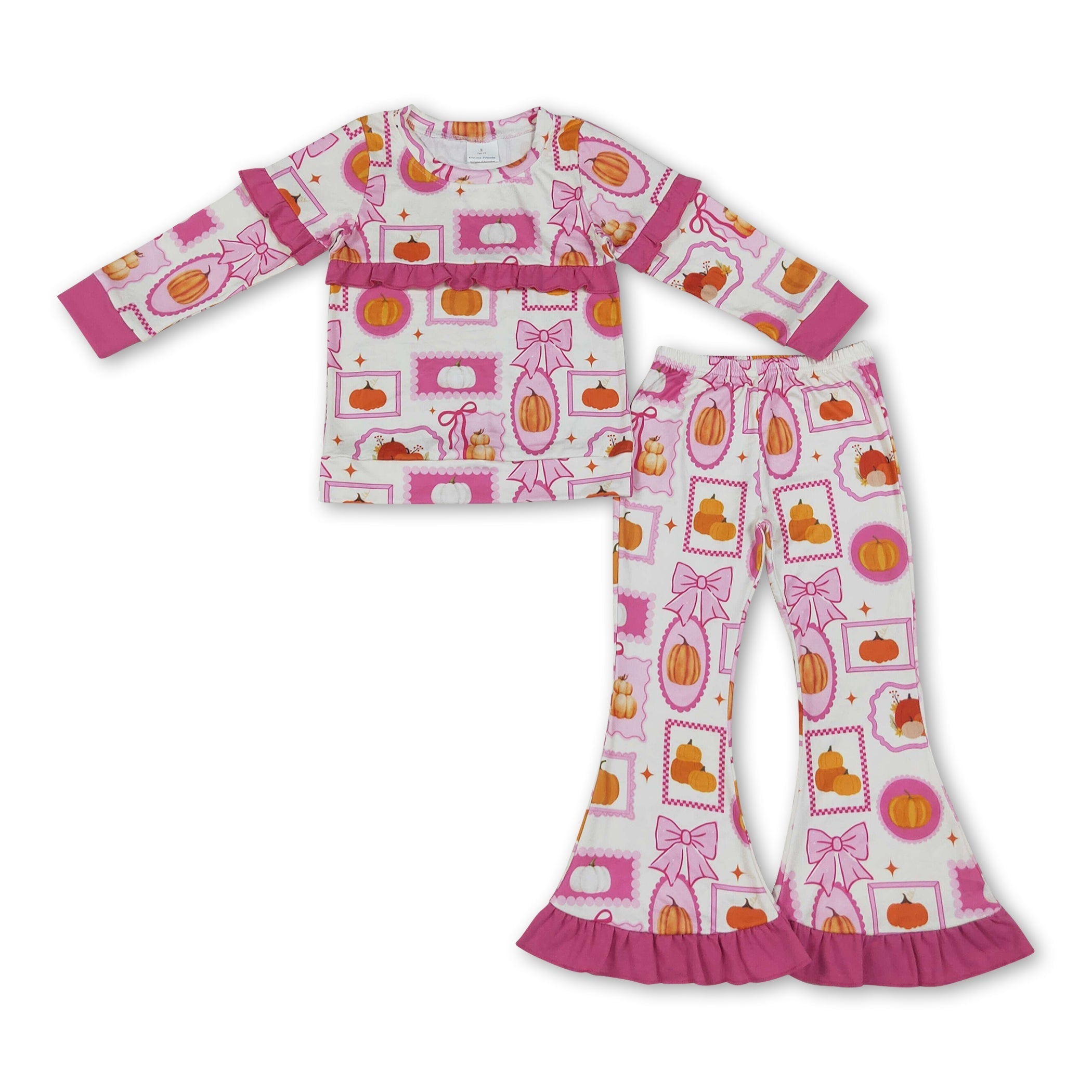 Hot pink ruffle pumpkin bow top pants girls fall outfits