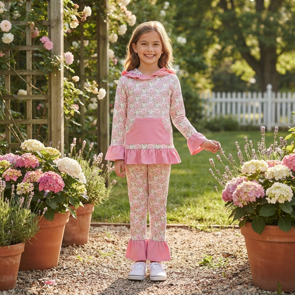 Long sleeves pink bow floral hoodie pants kids girls outfits