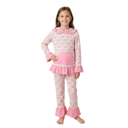 Long sleeves pink bow floral hoodie pants kids girls outfits