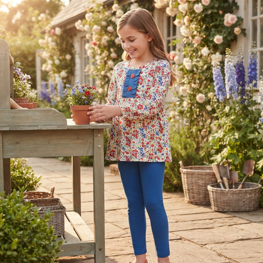 Blue red floral tunic leggings kids girls outfits