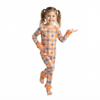 Long sleeves ruffle plaid bat kids girls Halloween pajamas