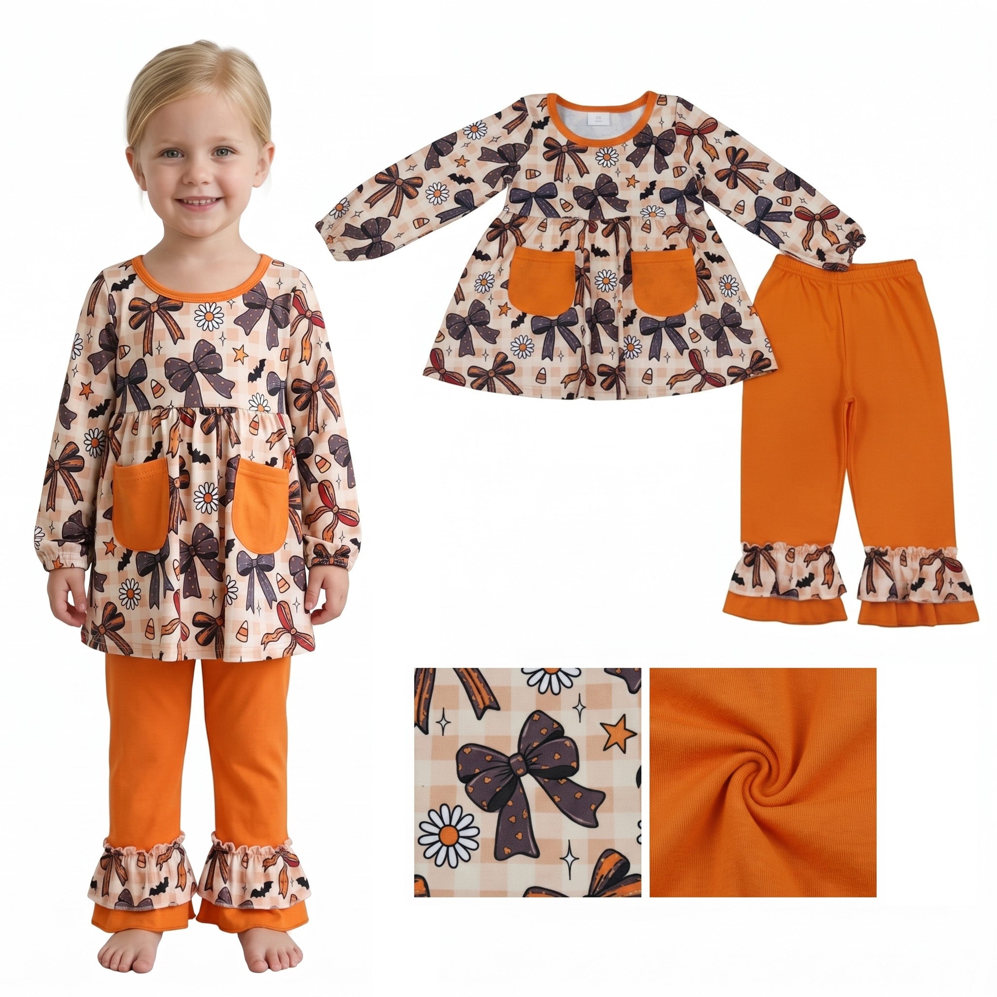 Plaid bow candy corn tunic pants girls Halloween outfit