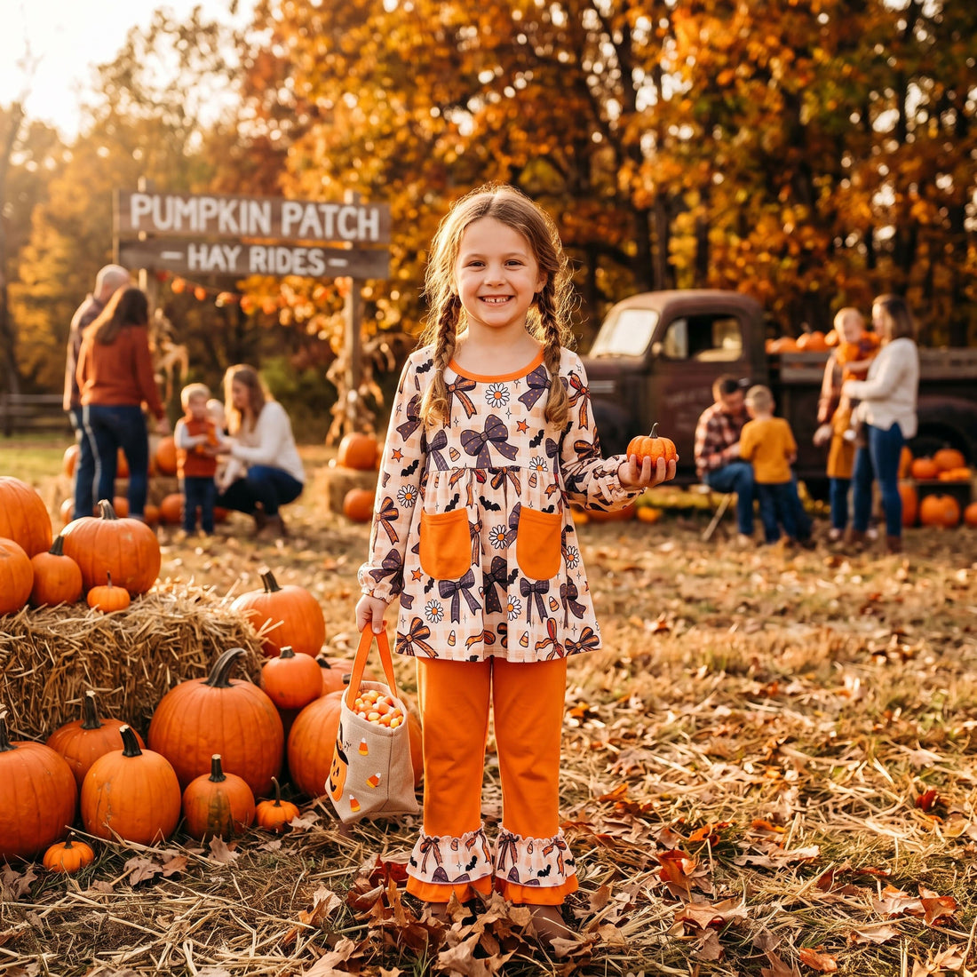 Plaid bow candy corn tunic pants girls Halloween outfit