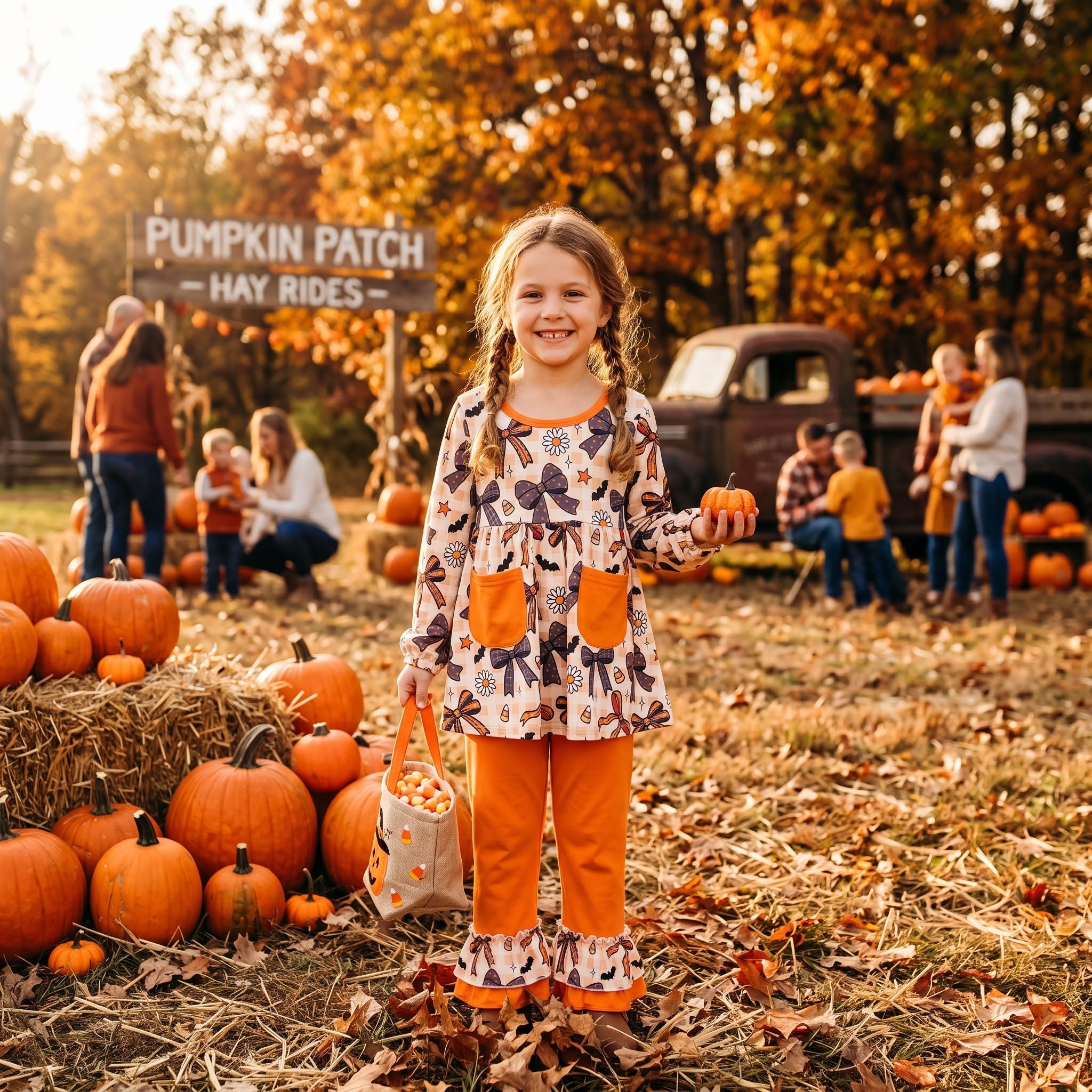 Plaid bow candy corn tunic pants girls Halloween outfit