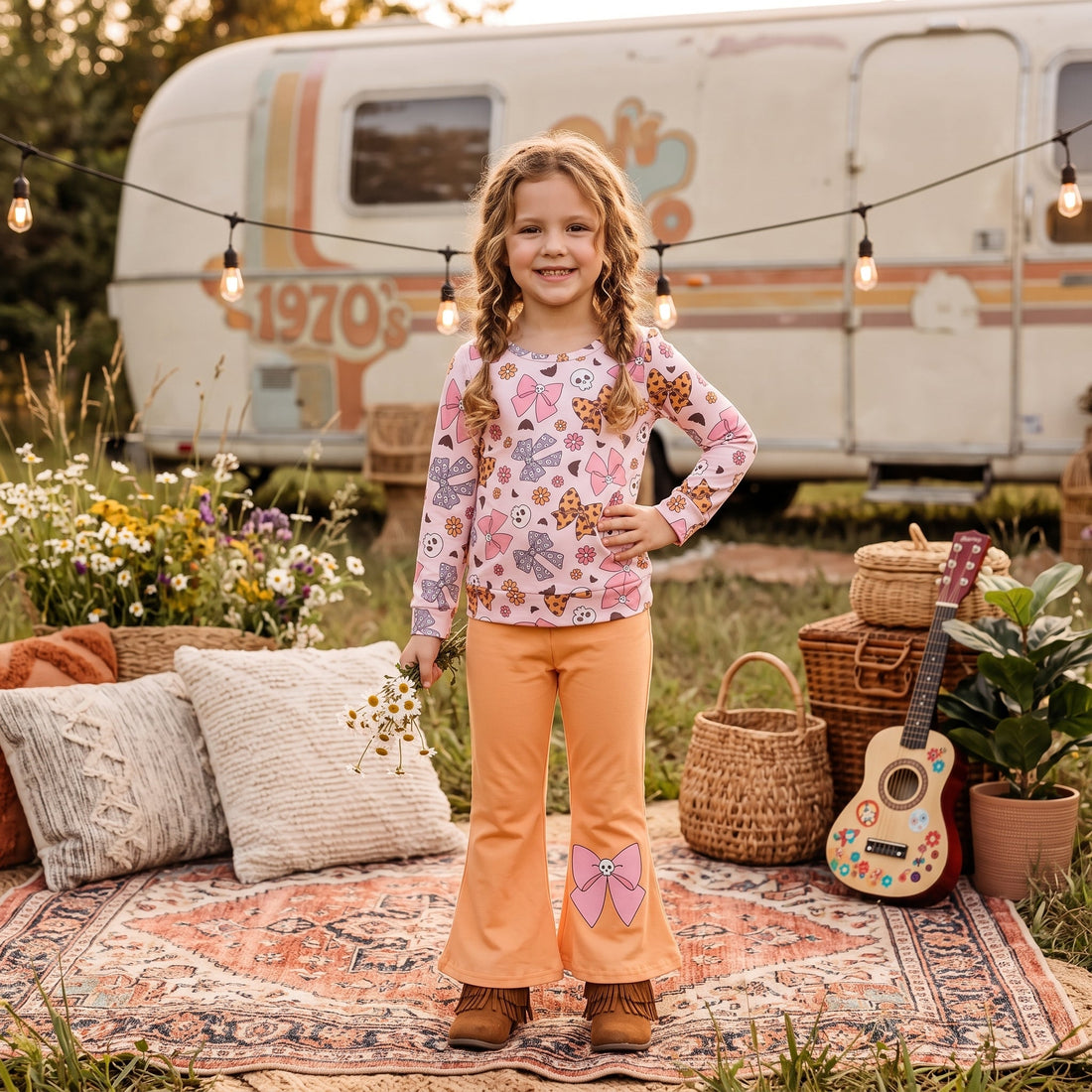 Bow skull top pants kids girls Halloween outfits