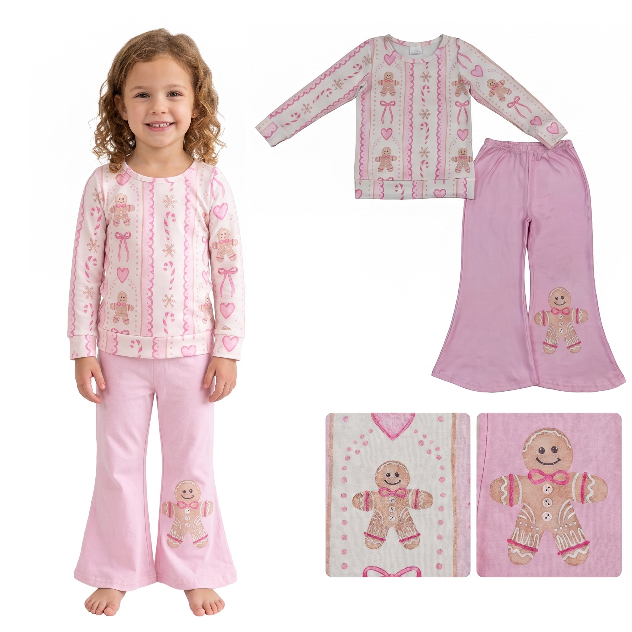 Gingerbread bow heart top pants girls Christmas outfits