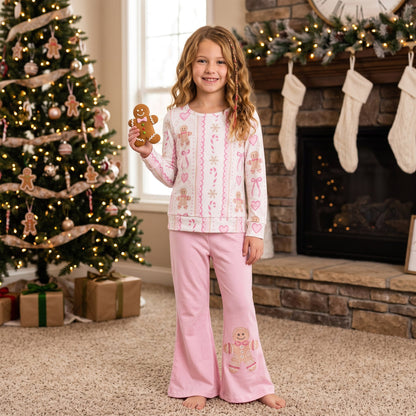 Gingerbread bow heart top pants girls Christmas outfits