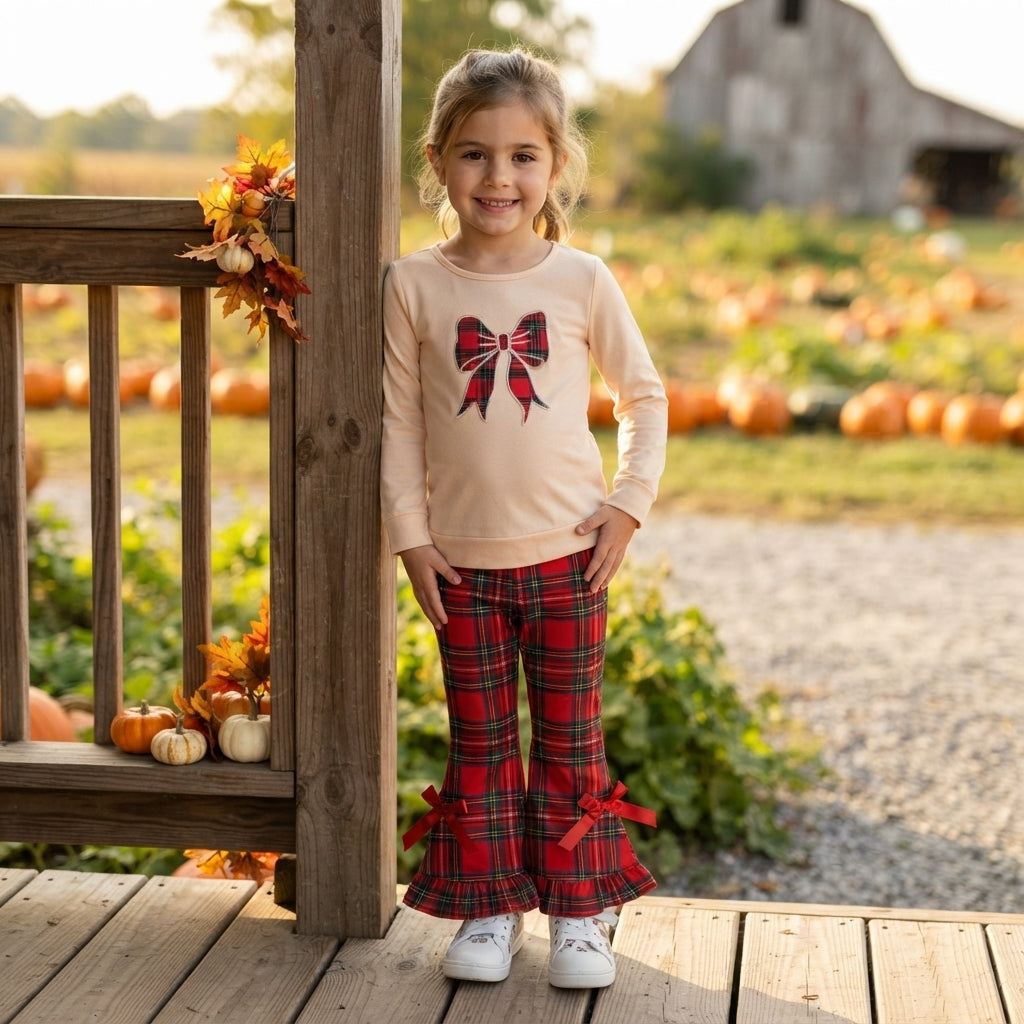 Long sleeves red plaid bow top pants girls Christmas set