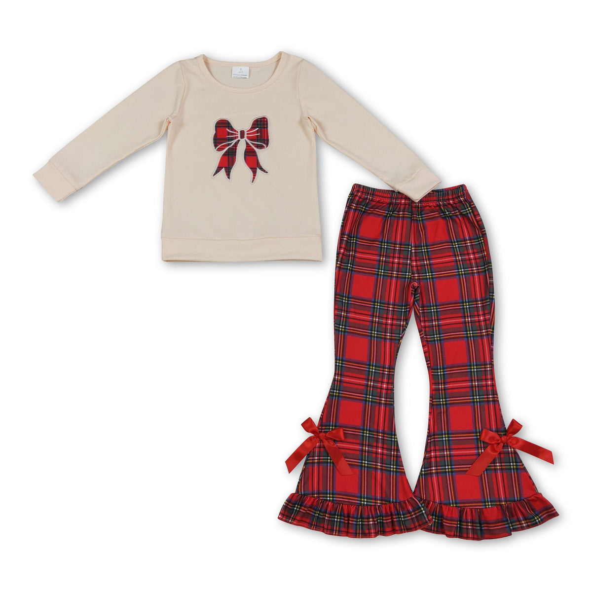 Long sleeves red plaid bow top pants girls Christmas set