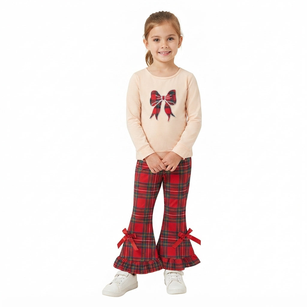 Long sleeves red plaid bow top pants girls Christmas set