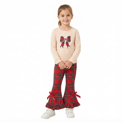 Long sleeves red plaid bow top pants girls Christmas set