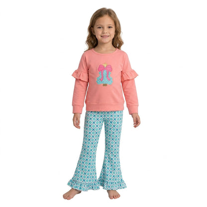 Christmas tree bow ruffle top pants kids girls outfits