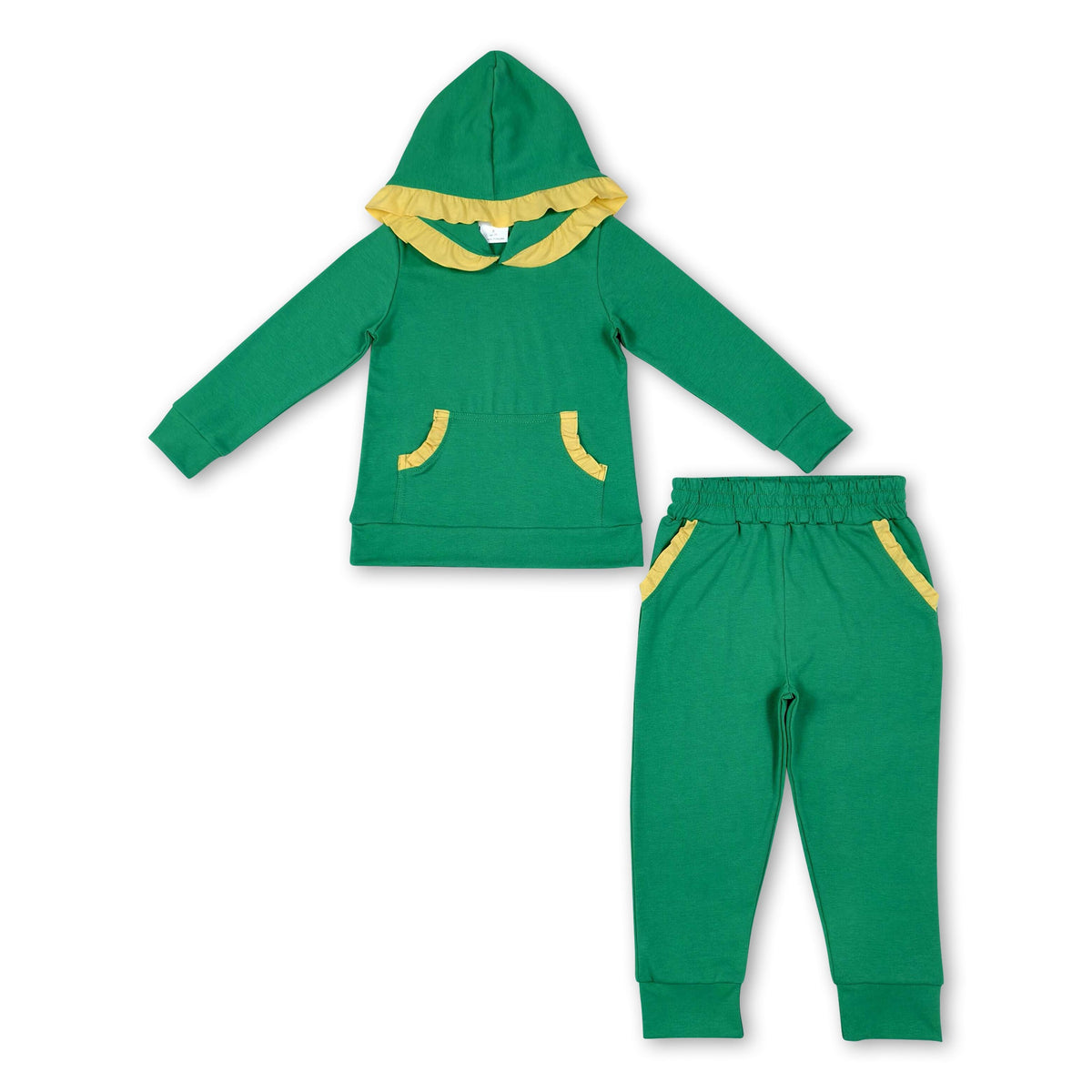 Green yellow ruffle hoodie pants kids girls outfits