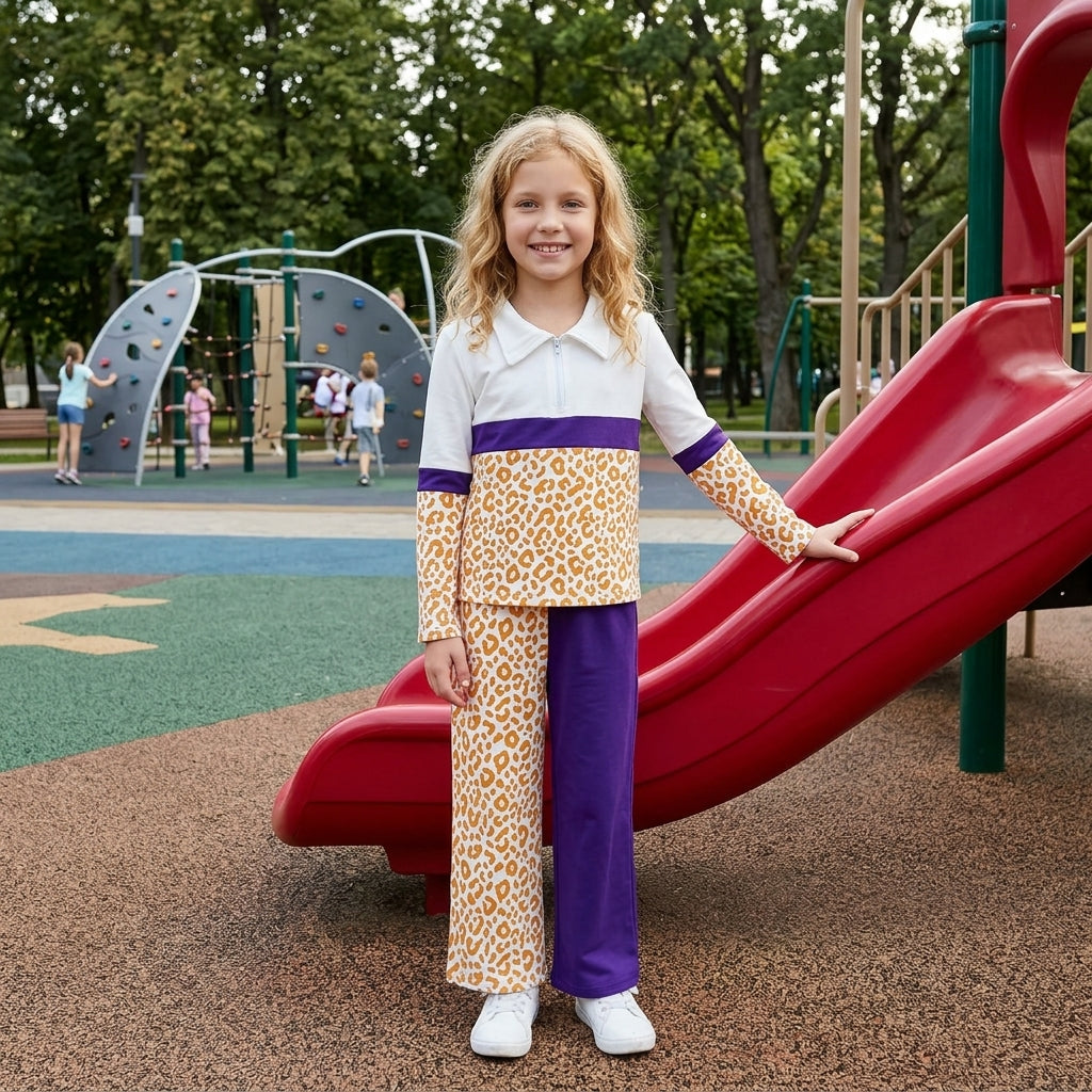 Yellow leopard purple pullover pants girls team outfits