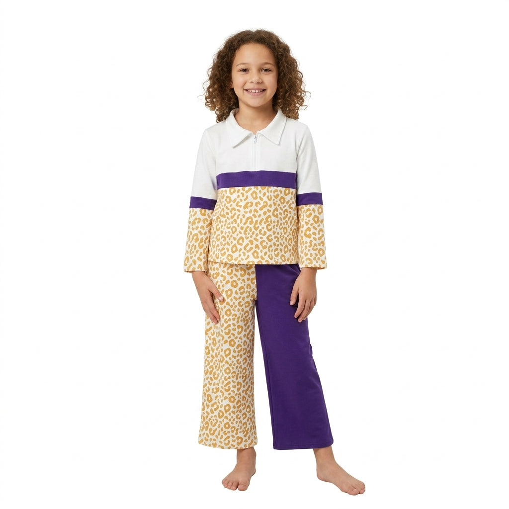 Yellow leopard purple pullover pants girls team outfits