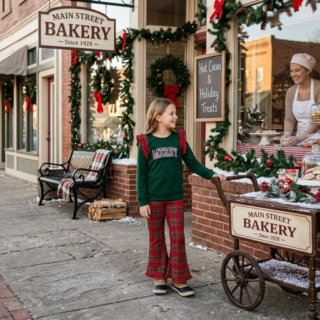 Merry Christmas embroidery top plaid pants girls outfits