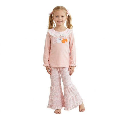 Pink boo pumpkin top leopard pants girls Halloween set