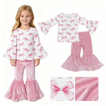 Long sleeves pink bow top velvet pants girls outfits