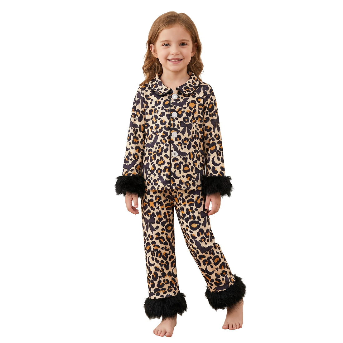Fur long sleeves leopard bat girls Halloween pajamas