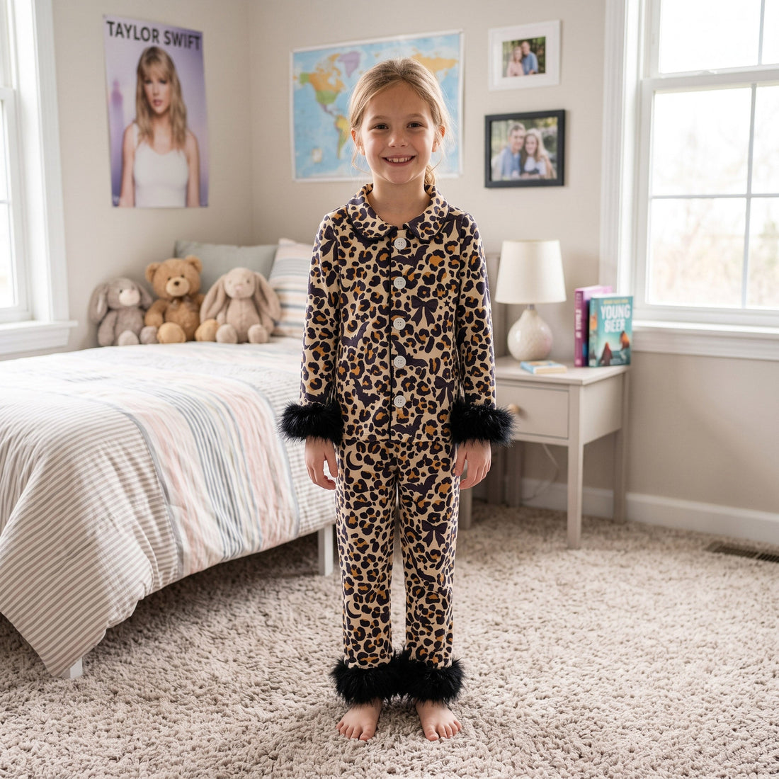 Fur long sleeves leopard bat girls Halloween pajamas