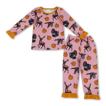 Long sleeves deer duck turkey pumpkin girls fall pajamas