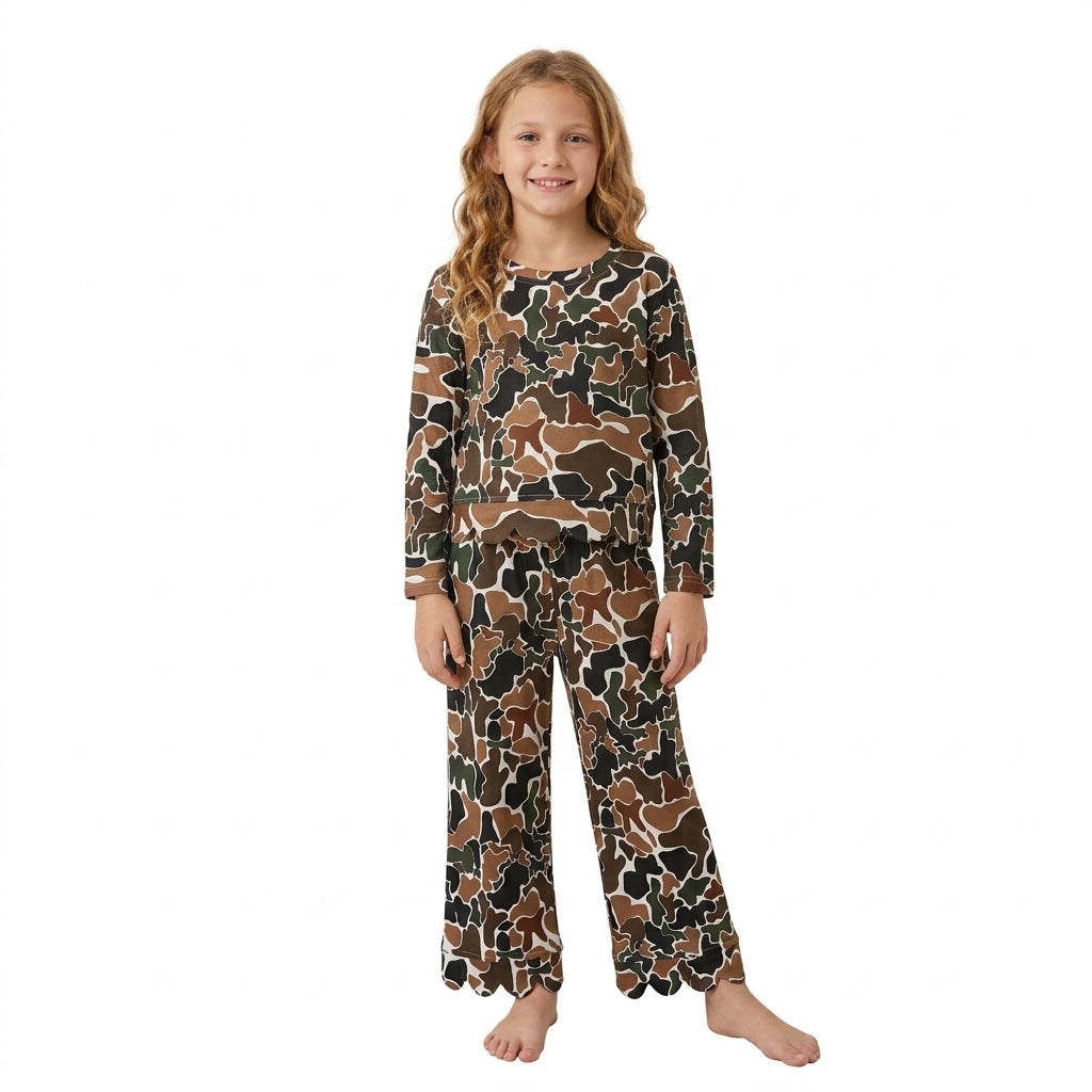 Long sleeves brown camo scallop kids girls outfits