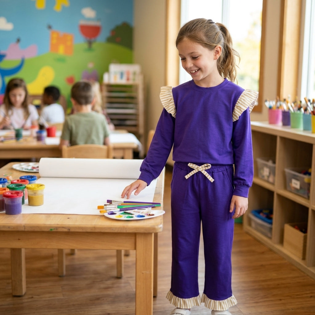 Stripe flutter long sleeves purple top pants girls outfits