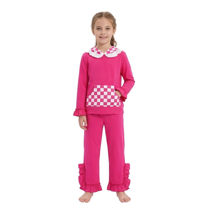 Hot pink plaid pocket hoodie ruffle girls outfits