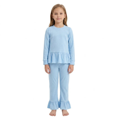 Long sleeves light blue peplum top ruffle pants girls outfits