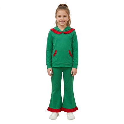 Red ruffle hoodie green pocket girls Christmas outfits