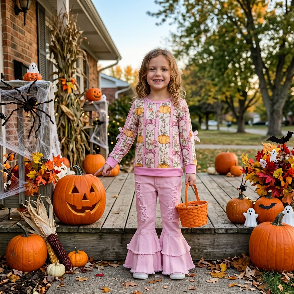 Pink bow pumpkin top denim pants girls fall clothes